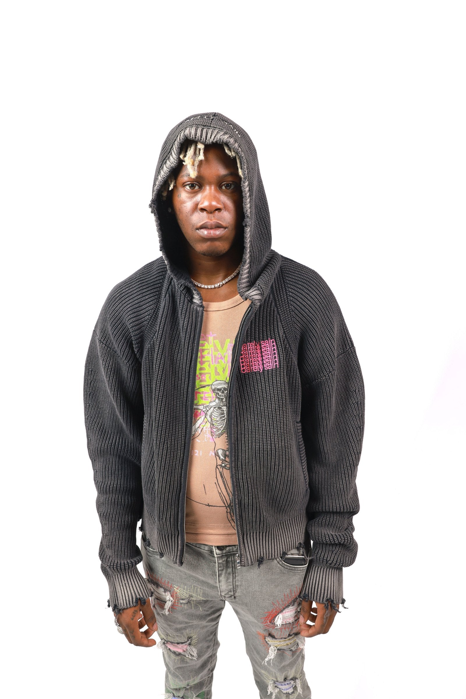Model in the grey Barelysain knit zip hoodie — Season I
