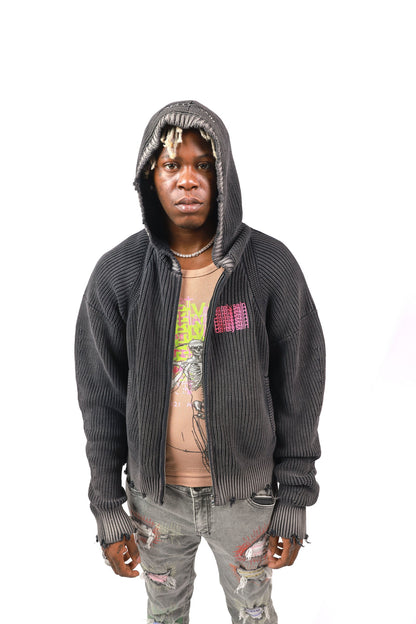 Model in the grey Barelysain knit zip hoodie — Season I